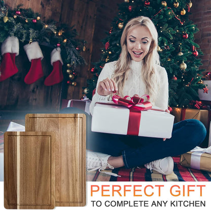 Acacia Wood Cutting Board with Juice Groove & Handles(2 Piece Set), Reversible Chopping Board for Meat(Butcher Block), Vegetables, Fruits, Bread, Cheese