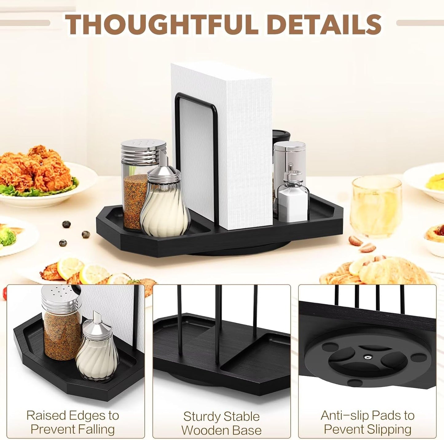 Napkin Holder for Table, 2 Pack Rotating Napkin Dispenser with Salt and Pepper Shakers Storage, Standing Paper Napkin Organizer for Kitchen Dining Table Decor (2, Black)