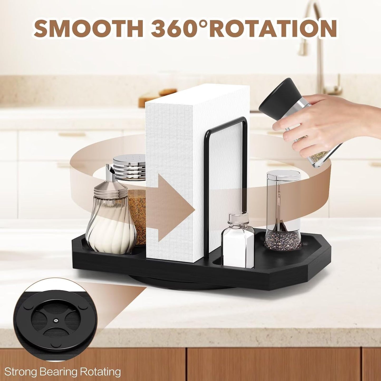 Napkin Holder for Table, 2 Pack Rotating Napkin Dispenser with Salt and Pepper Shakers Storage, Standing Paper Napkin Organizer for Kitchen Dining Table Decor (2, Black)