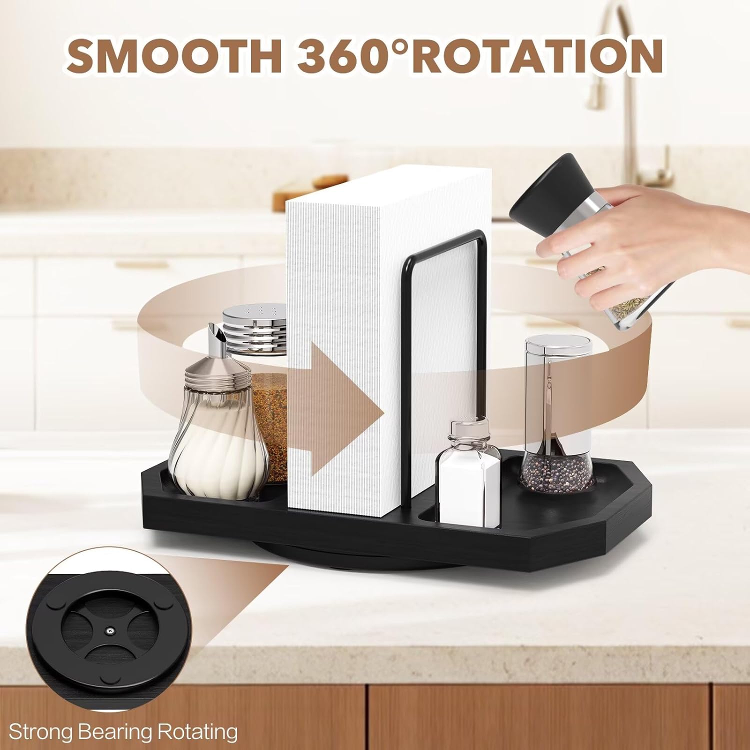 Napkin Holder for Table, 2 Pack Rotating Napkin Dispenser with Salt and Pepper Shakers Storage, Standing Paper Napkin Organizer for Kitchen Dining Table Decor (2, Black)