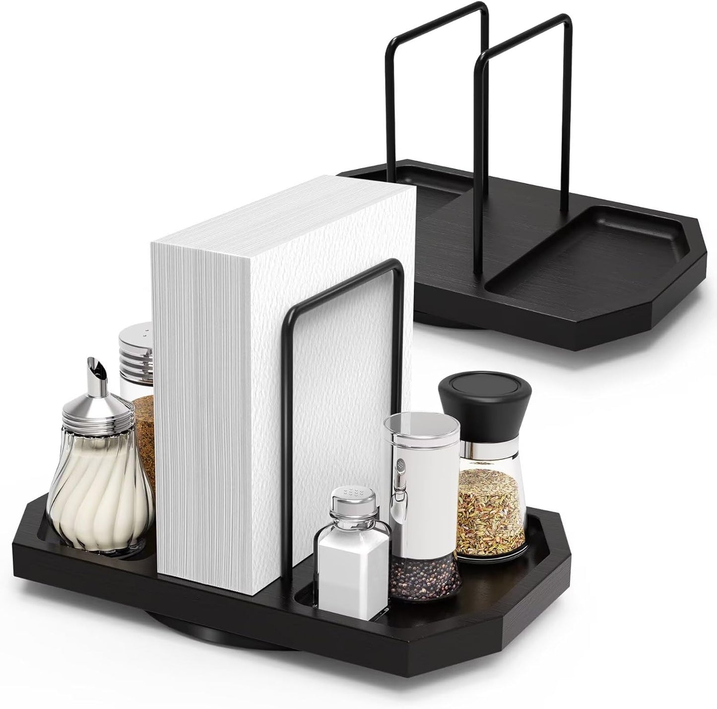 Napkin Holder for Table, 2 Pack Rotating Napkin Dispenser with Salt and Pepper Shakers Storage, Standing Paper Napkin Organizer for Kitchen Dining Table Decor (2, Black)