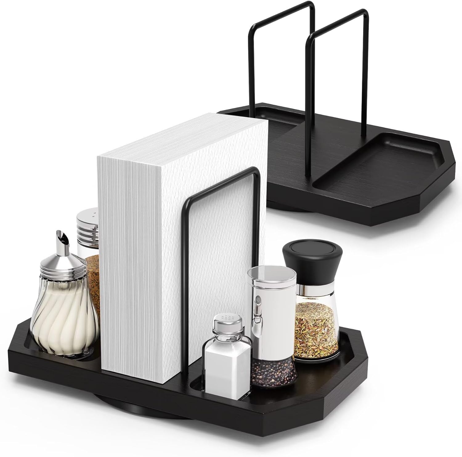 Napkin Holder for Table, 2 Pack Rotating Napkin Dispenser with Salt and Pepper Shakers Storage, Standing Paper Napkin Organizer for Kitchen Dining Table Decor (2, Black)
