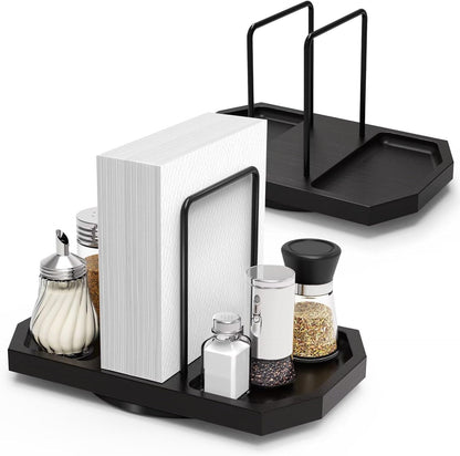 Napkin Holder for Table, 2 Pack Rotating Napkin Dispenser with Salt and Pepper Shakers Storage, Standing Paper Napkin Organizer for Kitchen Dining Table Decor (2, Black)