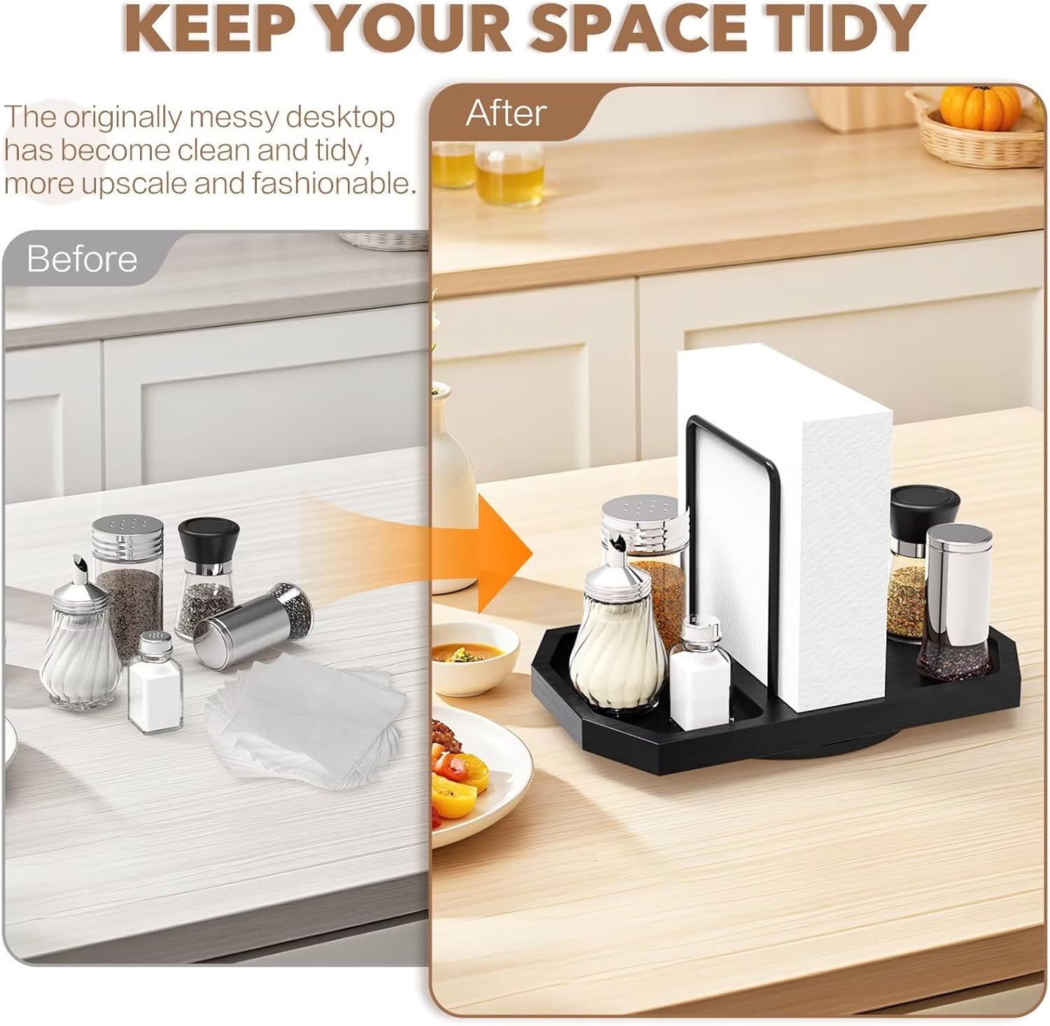 Napkin Holder for Table, 2 Pack Rotating Napkin Dispenser with Salt and Pepper Shakers Storage, Standing Paper Napkin Organizer for Kitchen Dining Table Decor (2, Black)