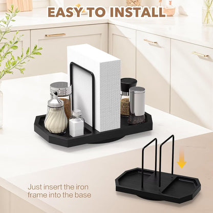 Napkin Holder for Table, 2 Pack Rotating Napkin Dispenser with Salt and Pepper Shakers Storage, Standing Paper Napkin Organizer for Kitchen Dining Table Decor (2, Black)