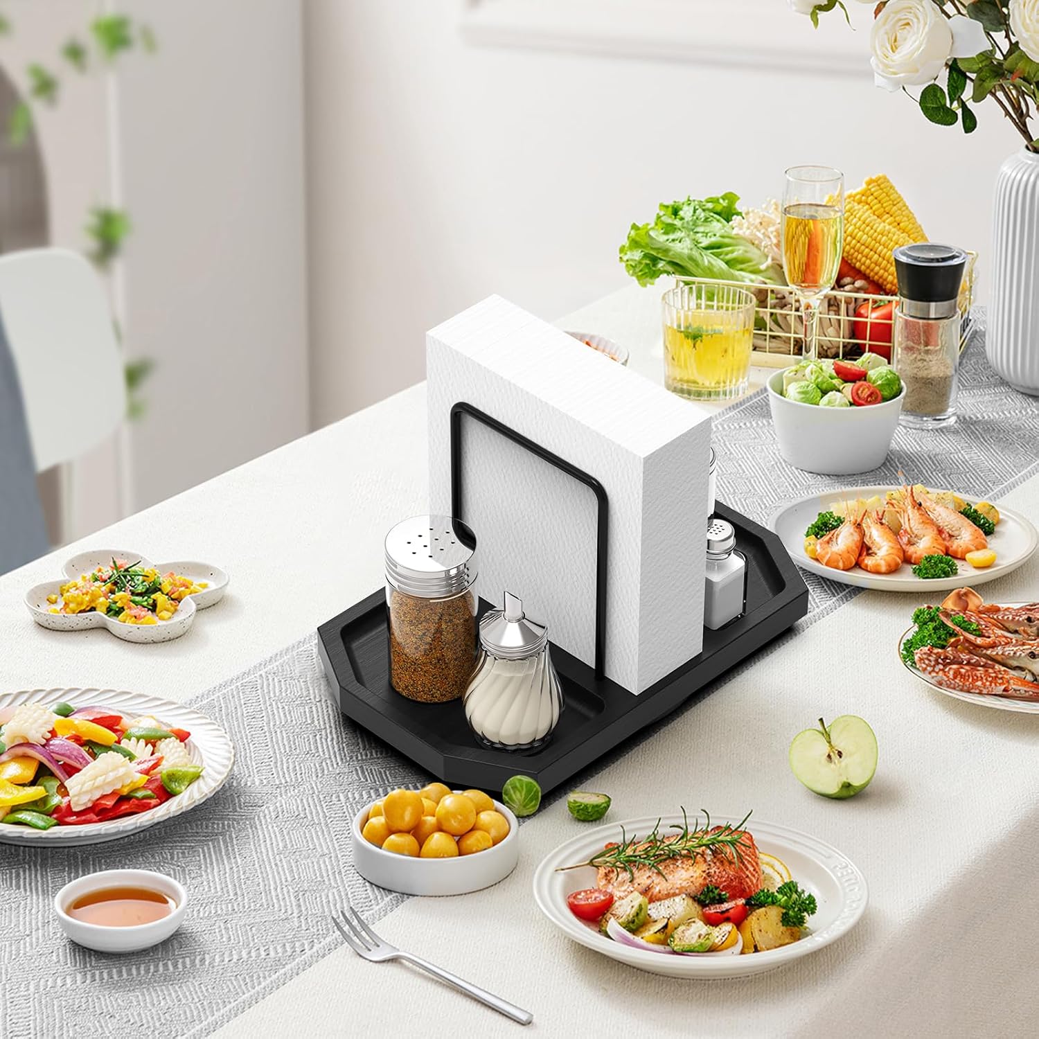 Napkin Holder for Table, 2 Pack Rotating Napkin Dispenser with Salt and Pepper Shakers Storage, Standing Paper Napkin Organizer for Kitchen Dining Table Decor (2, Black)