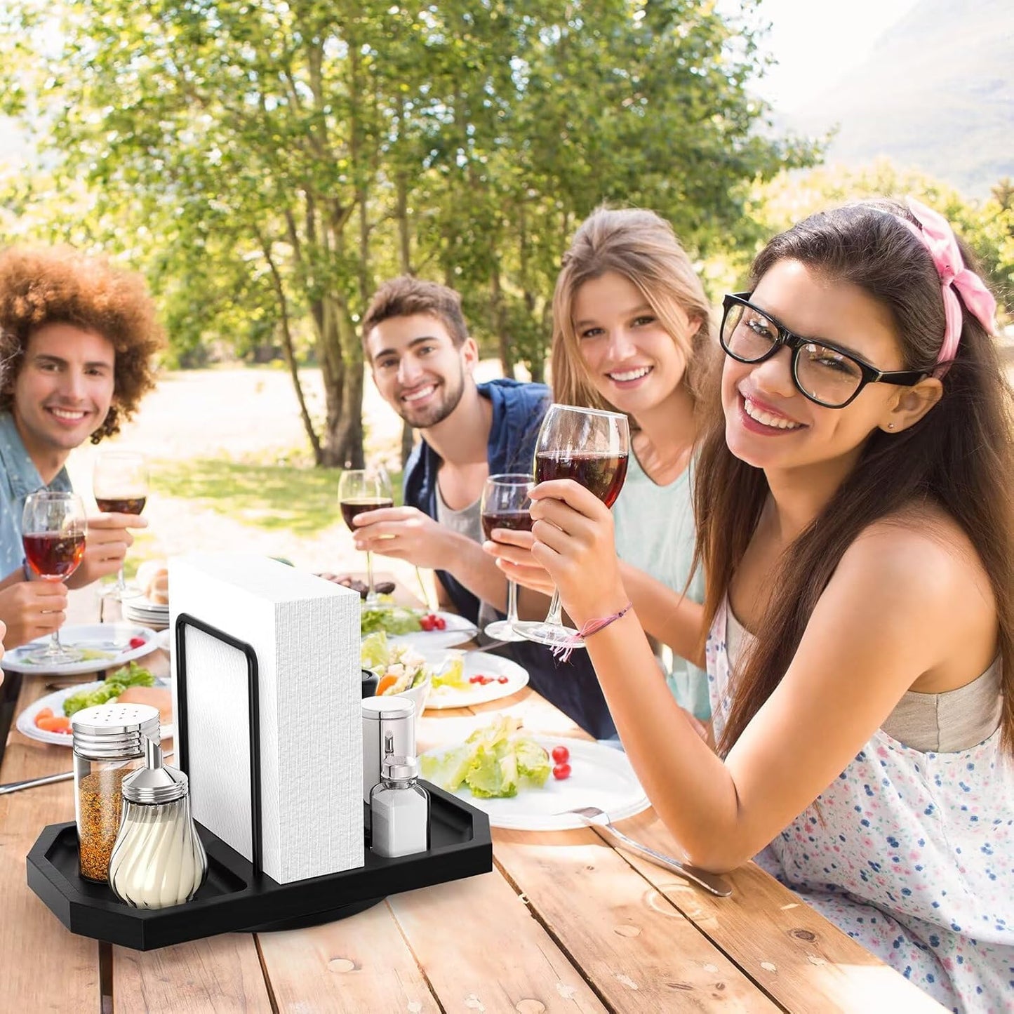 Napkin Holder for Table, 2 Pack Rotating Napkin Dispenser with Salt and Pepper Shakers Storage, Standing Paper Napkin Organizer for Kitchen Dining Table Decor (2, Black)