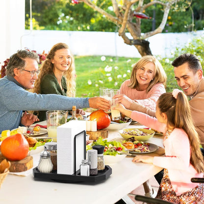 Napkin Holder for Table, 2 Pack Rotating Napkin Dispenser with Salt and Pepper Shakers Storage, Standing Paper Napkin Organizer for Kitchen Dining Table Decor (2, Black)